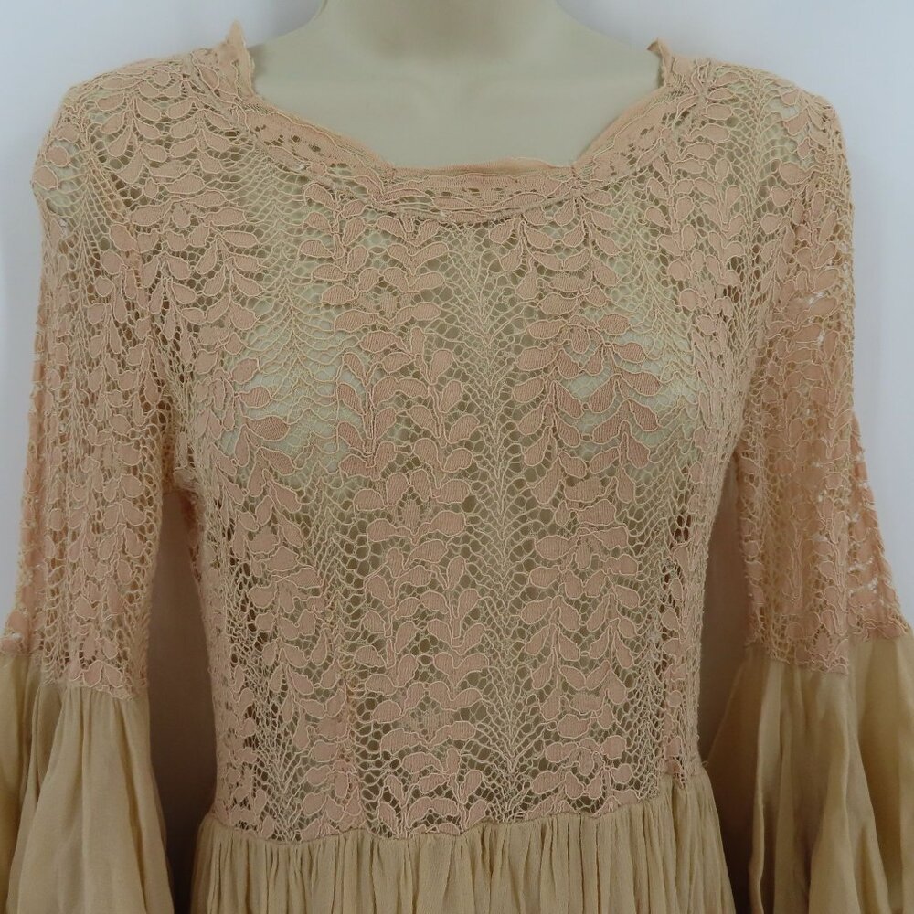 ByTimo Womens Small Beige Sheer Lace Long Sleeve Flowy Maxi Dress Boho Chic - Picture 3 of 12